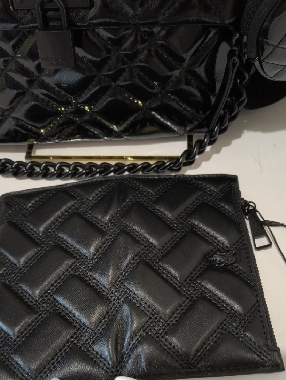 Kurt Geiger Black Quilted Patent Shoulder Bag with Chain And Crossbody Strap - Picture 9 of 17